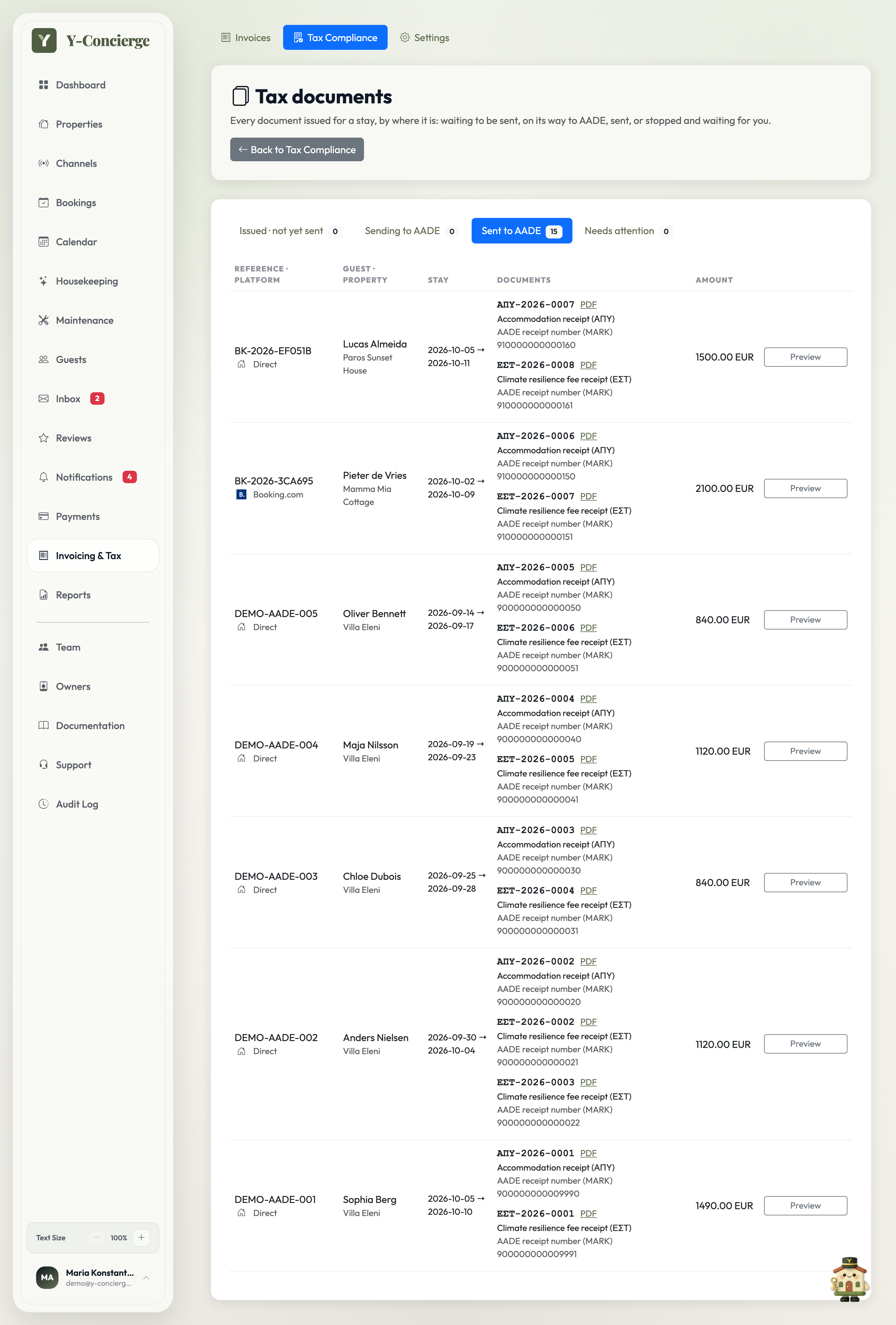 Demo tax documents shown as sent, with MARK references in Y-Concierge