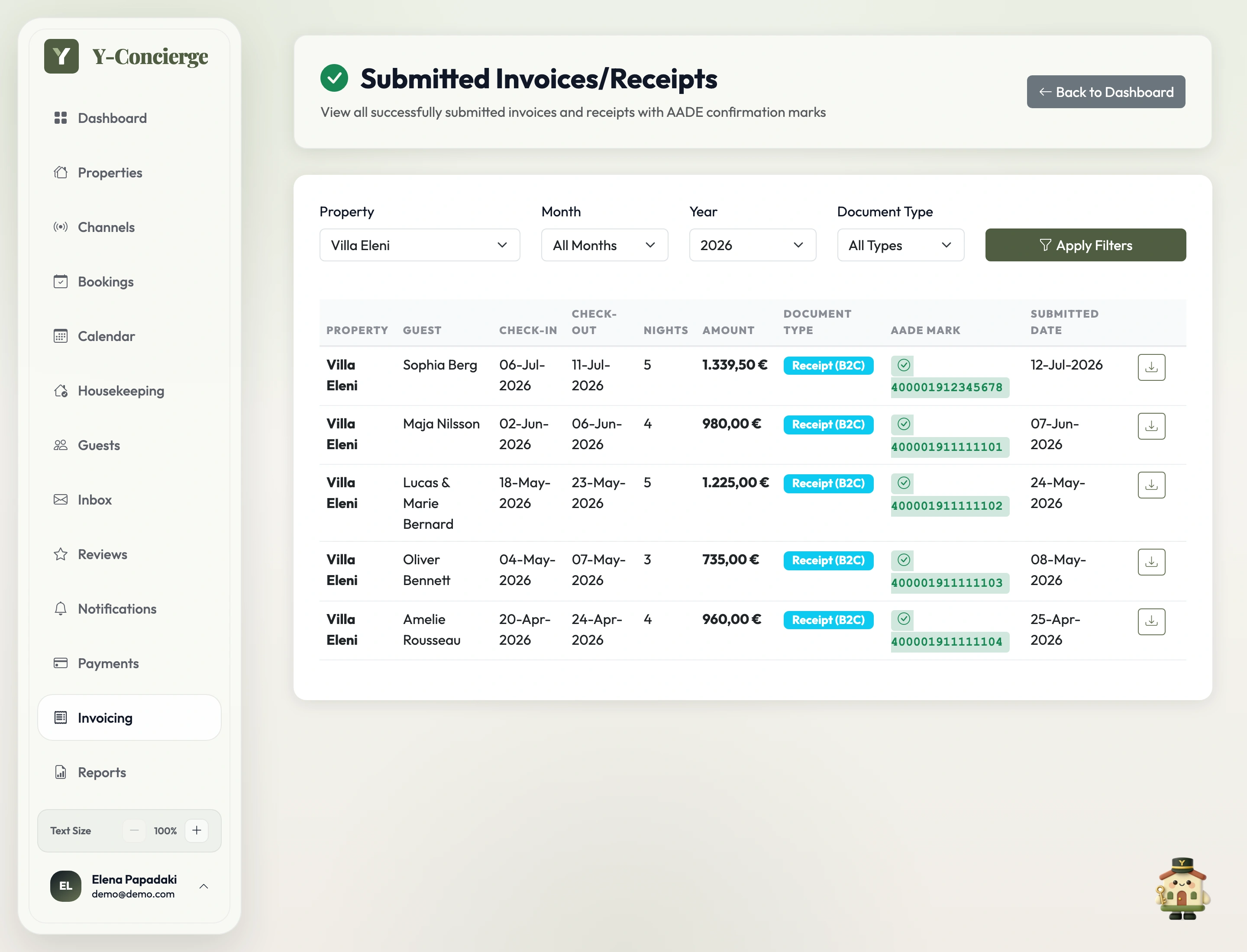 Y-Concierge myDATA screen showing submitted invoices accepted with their MARK numbers