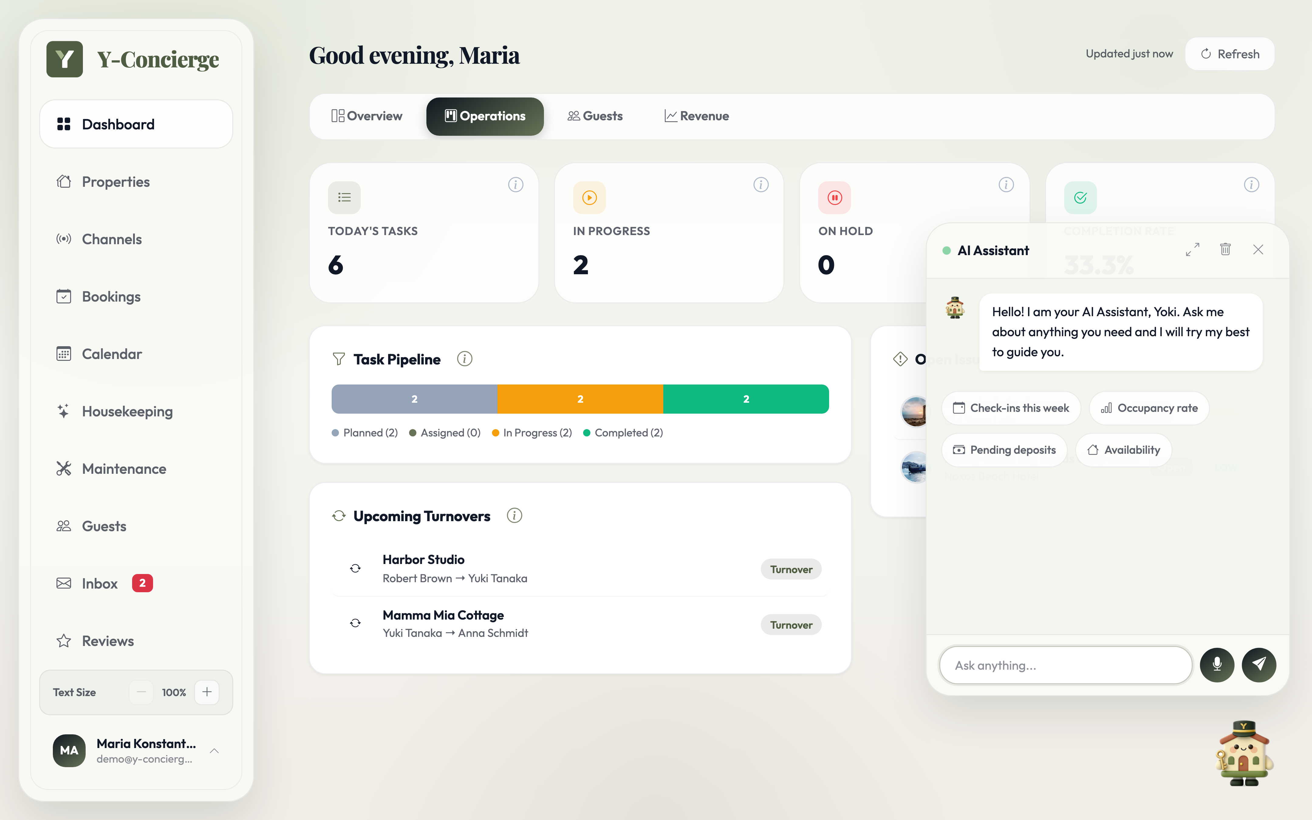 Y-Concierge AI Assistant welcome panel with suggested questions