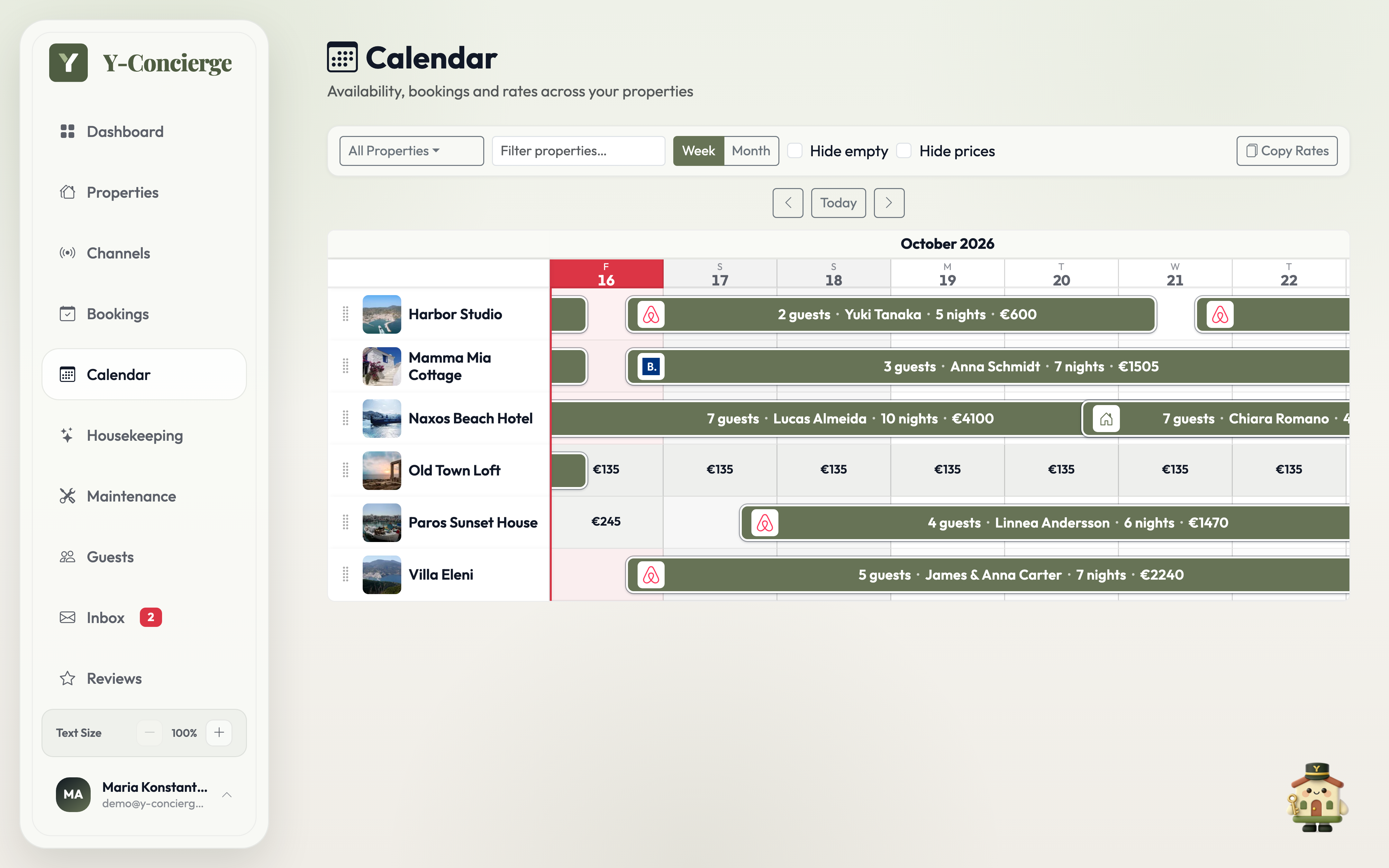 Y-Concierge weekly calendar showing reservations and rates across properties