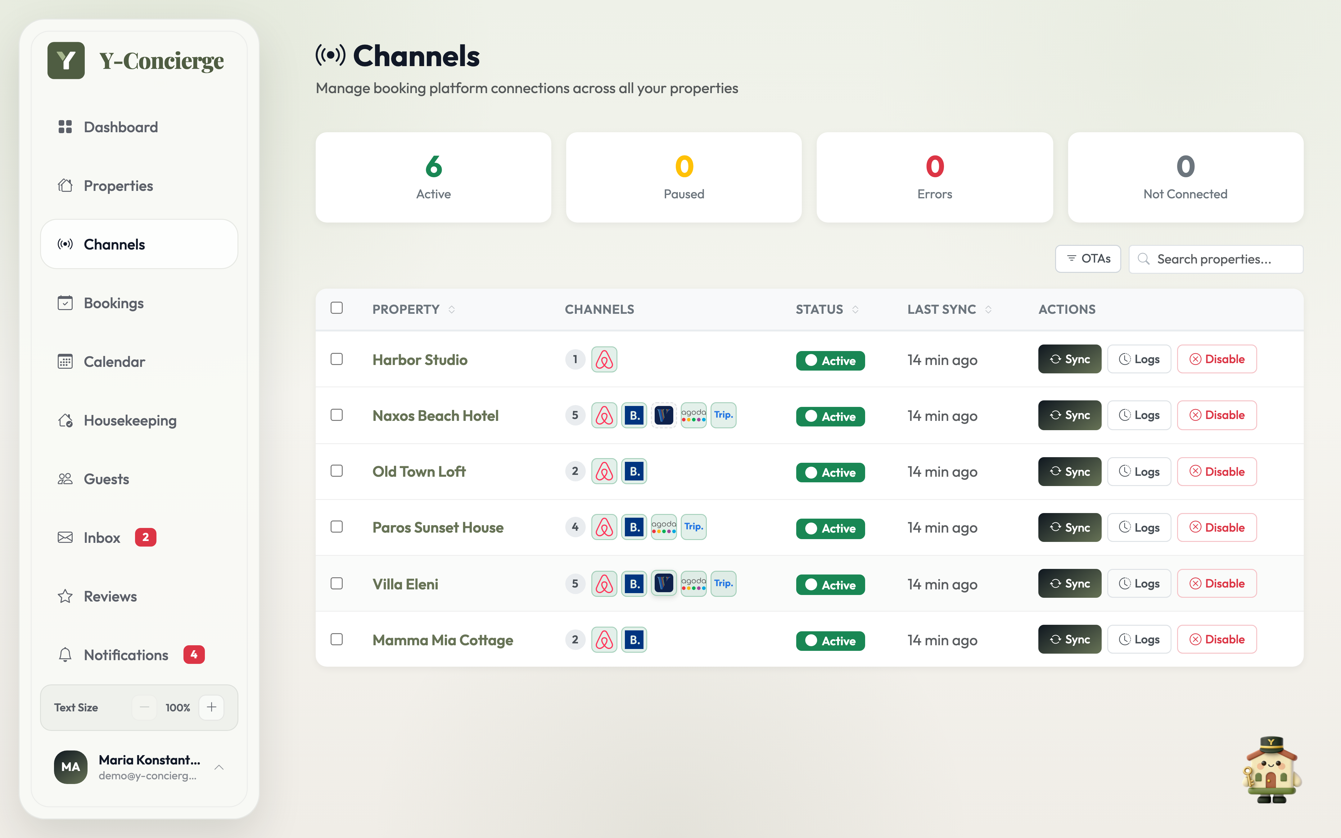 Channel connections by property, including Agoda and Trip.com