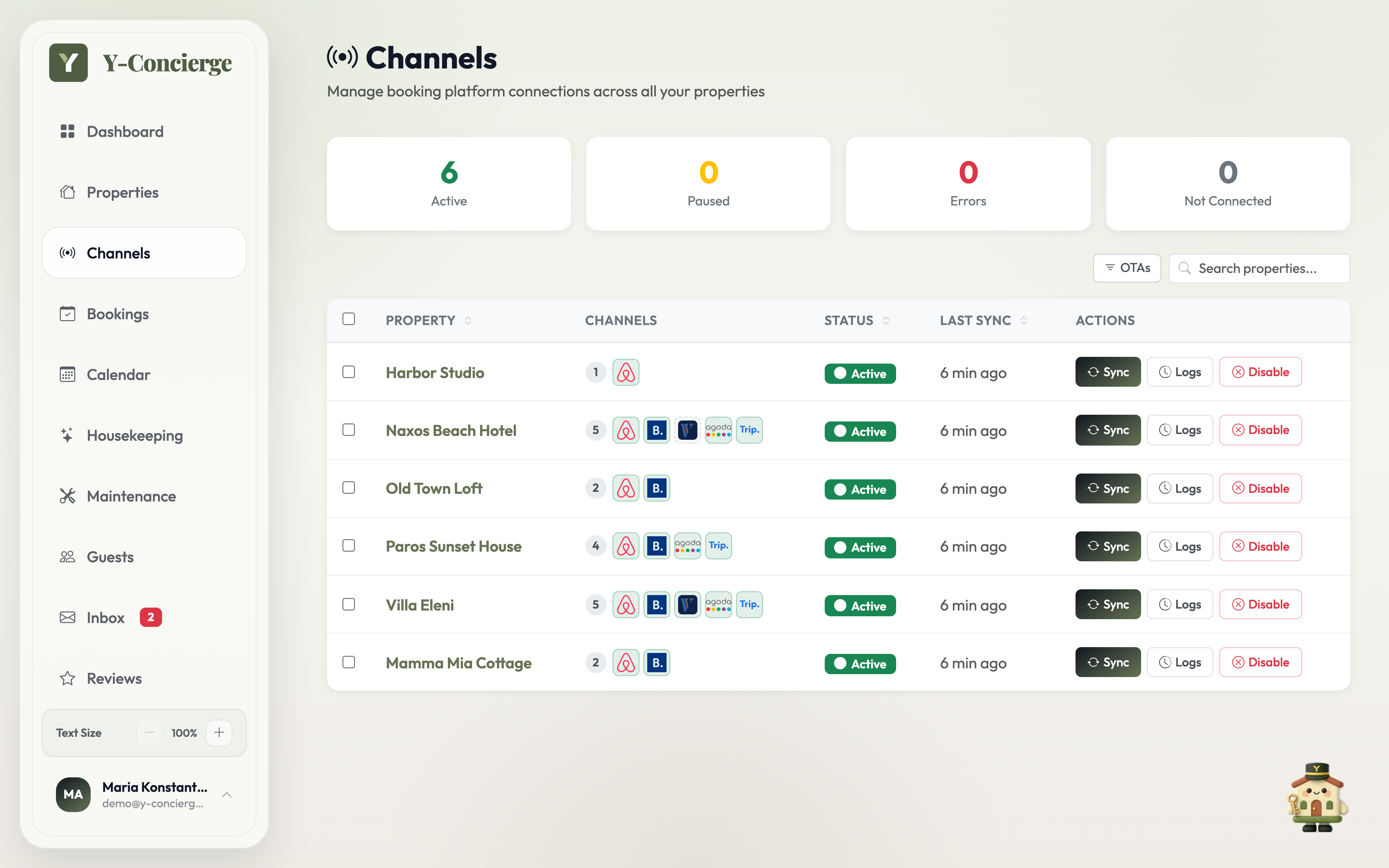 Channel connections by property, including Agoda and Trip.com