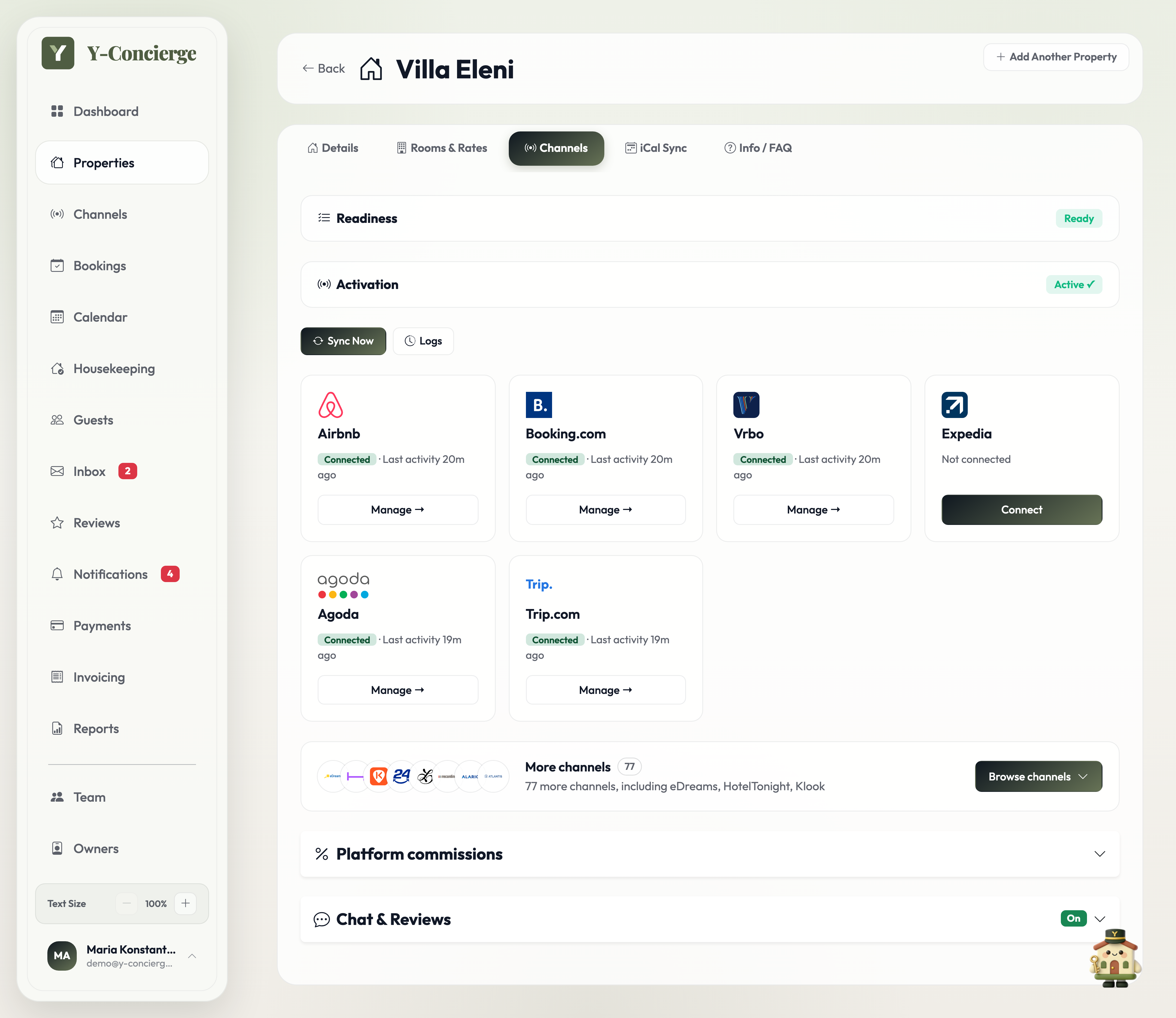 Property channel setup showing Airbnb, Booking.com, Vrbo, Expedia, Agoda and Trip.com