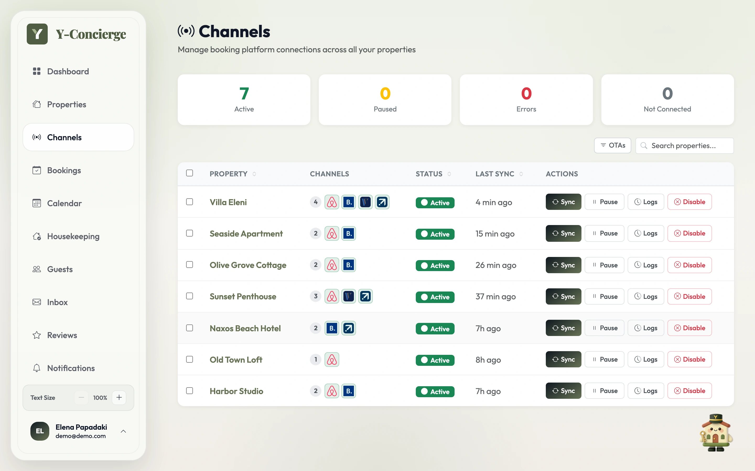 Y-Concierge channel sync screen showing live Airbnb, Booking.com, VRBO and Expedia connections with last-sync times