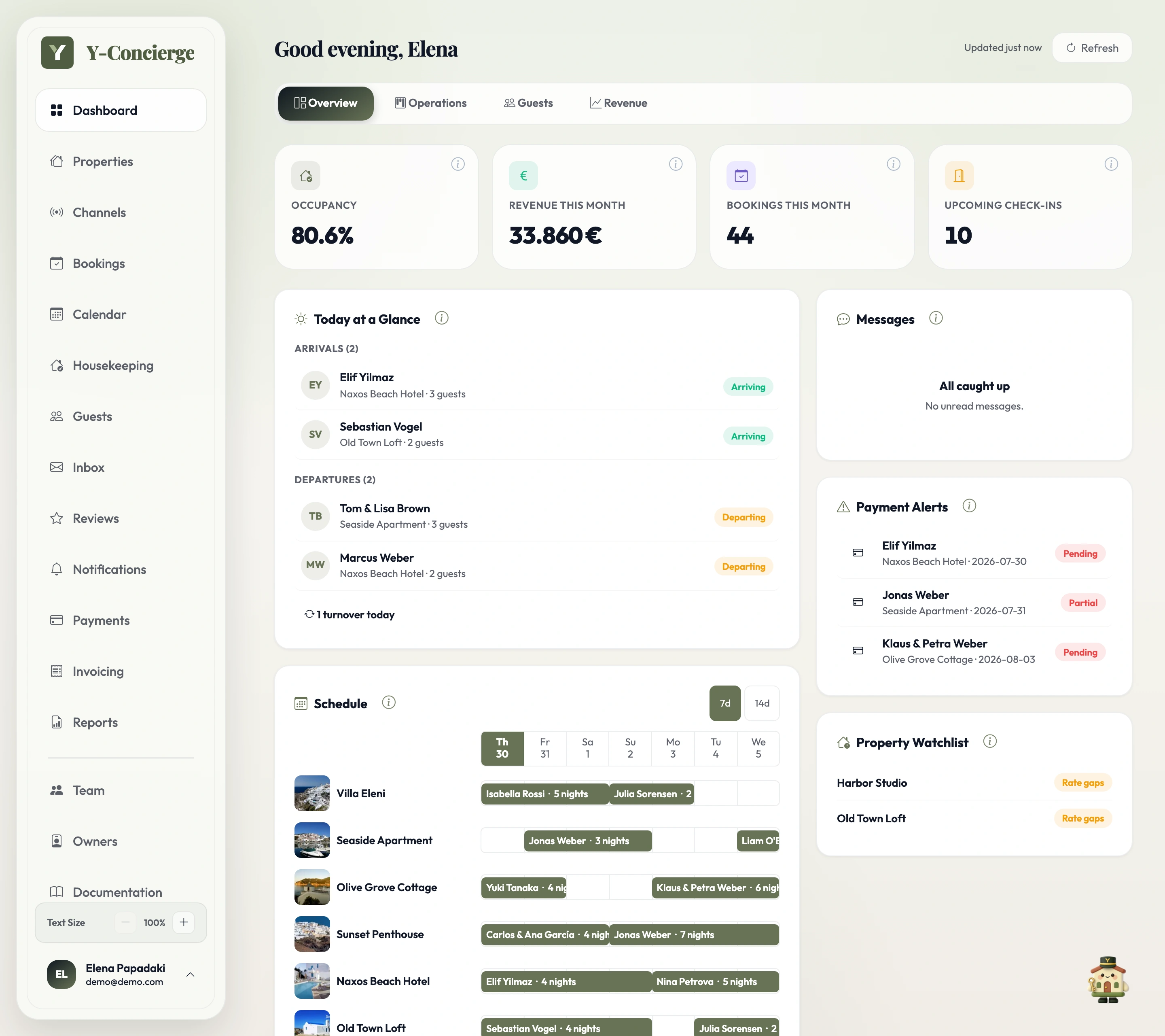 Y-Concierge bookings dashboard showing today's arrivals and departures, channel-synced reservations and payment flags