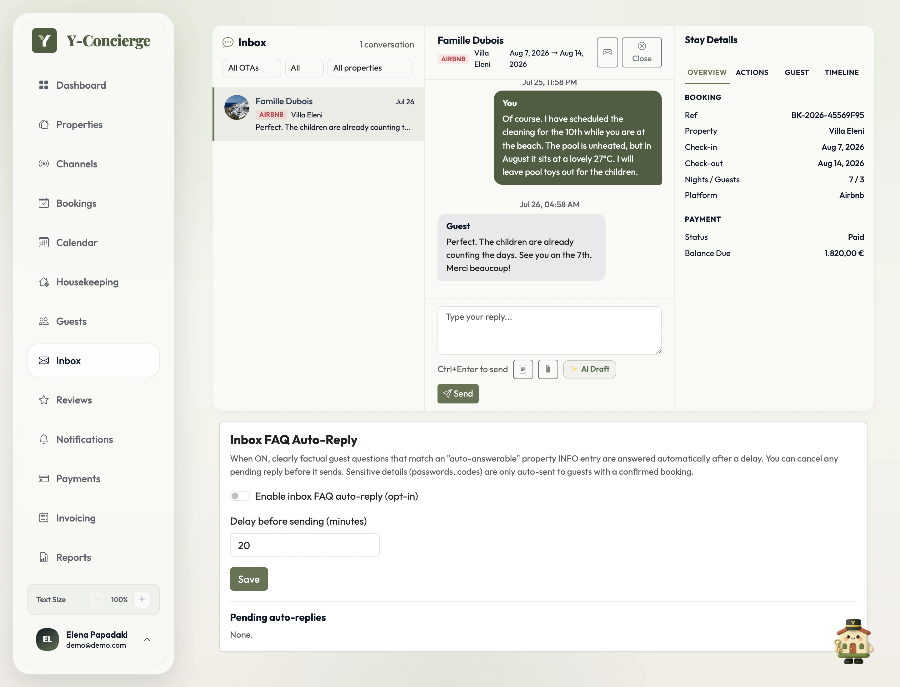 Y-Concierge guest inbox showing a conversation thread beside the linked reservation details