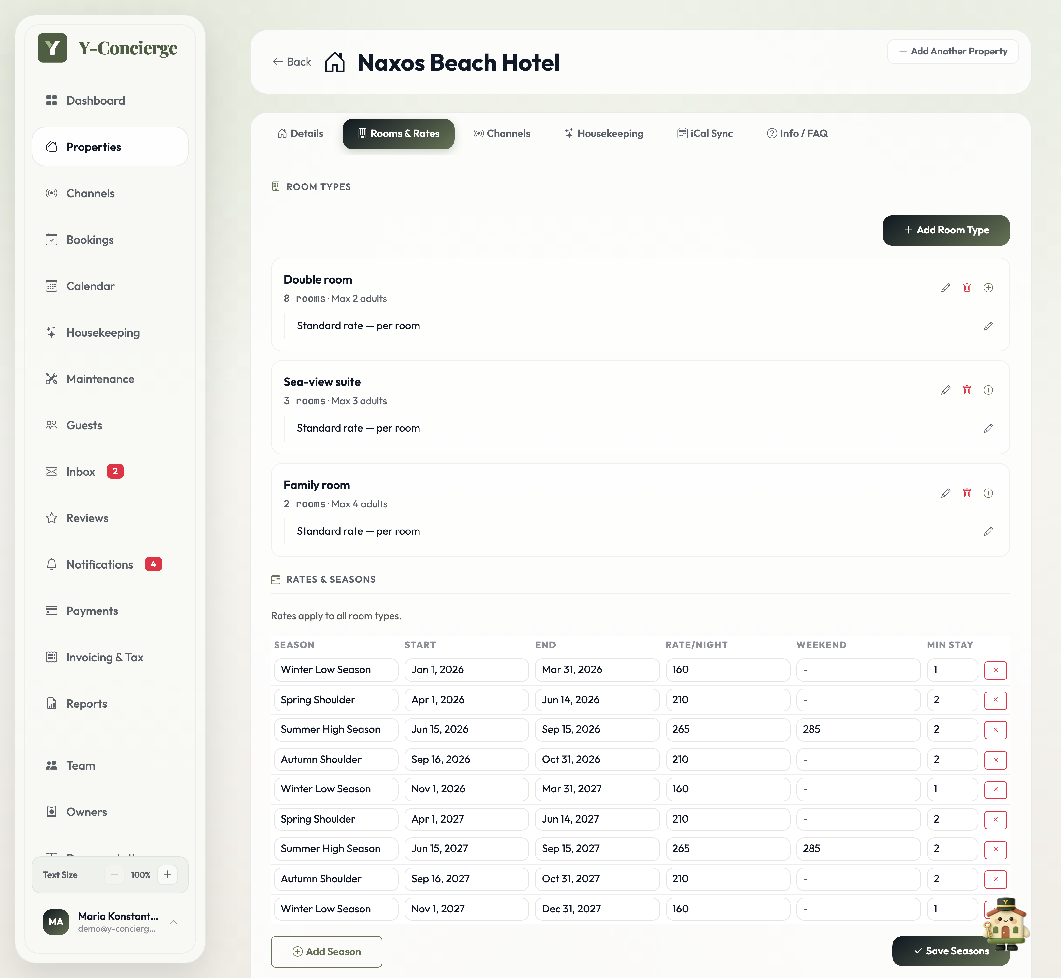 Hotel room types, rate plans, seasonal rates and rate calendar in Y-Concierge