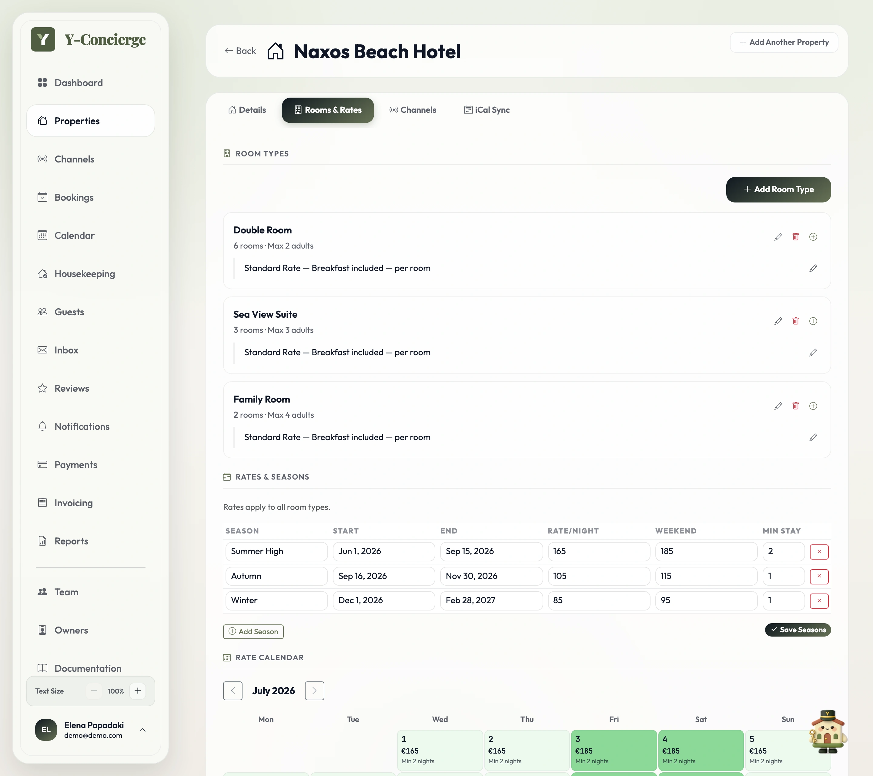 Y-Concierge hotel Rooms and Rates: a shared room pool with room types and occupancies, rate plans, a seasonal rates table, and a rate calendar filled with prices