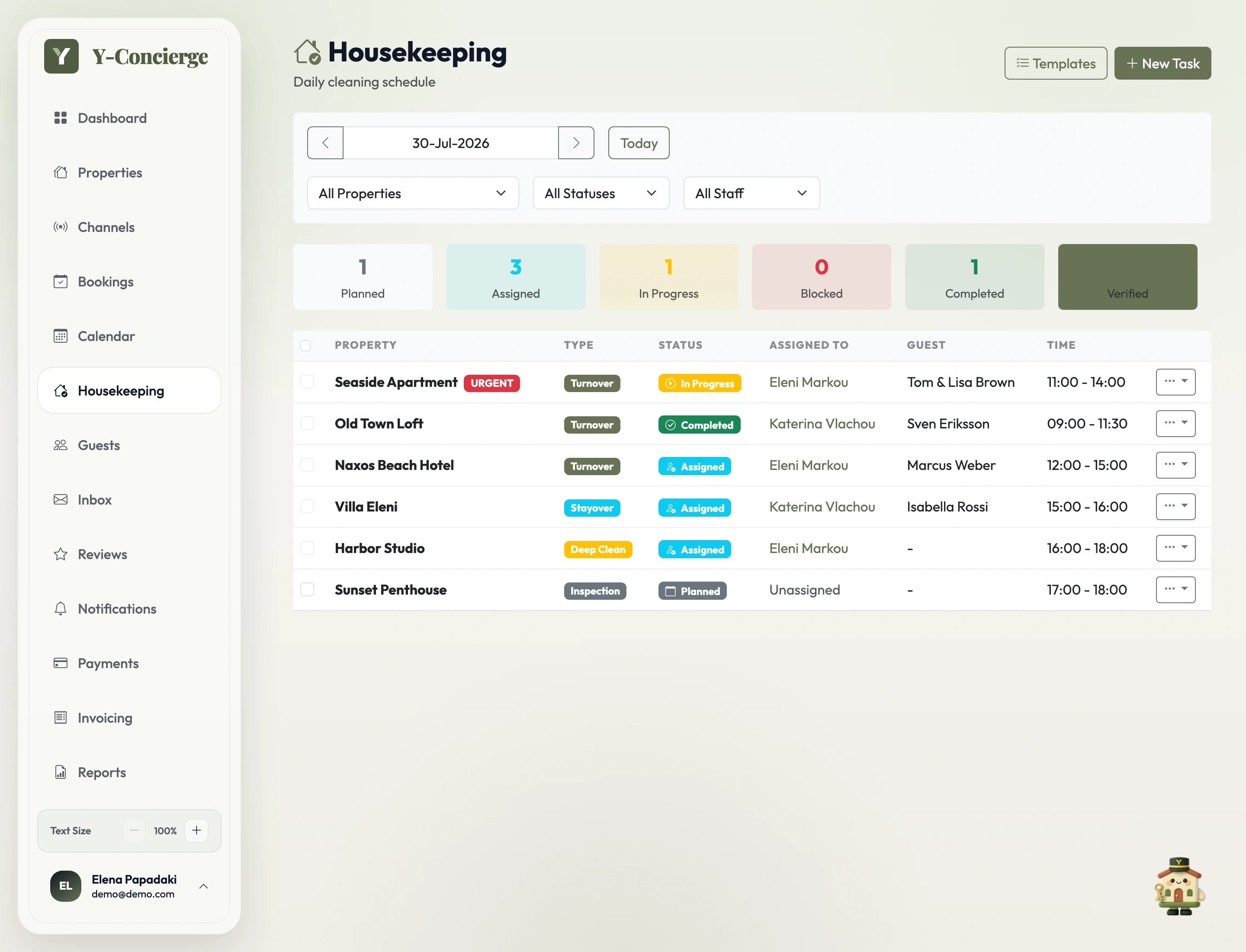 Y-Concierge housekeeping board: turnovers assigned to cleaning crews with time windows, each linked to a guest stay, across a Planned, Assigned, In-Progress and Completed pipeline