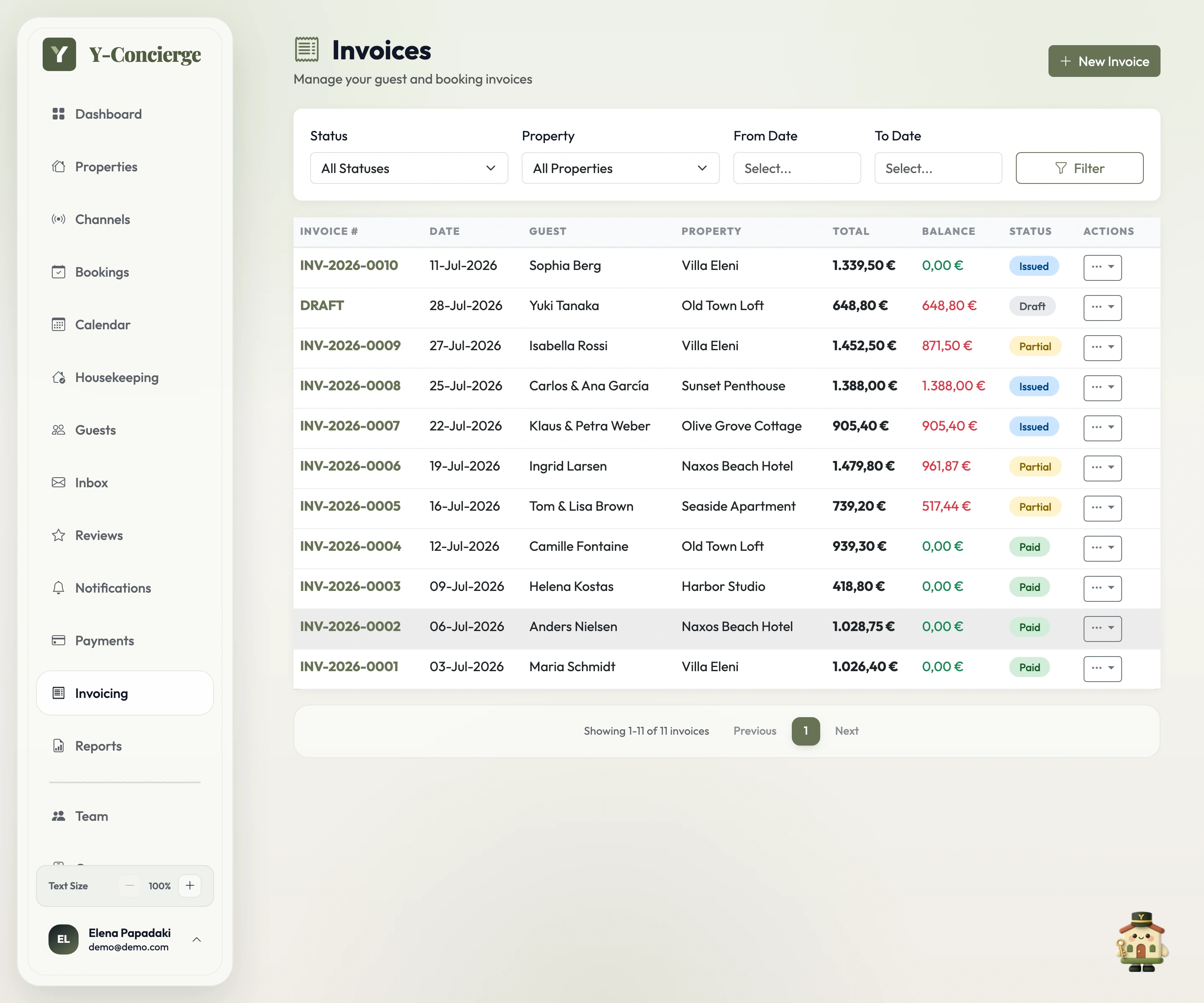 Y-Concierge invoicing screen: per-property invoices as subtotal plus 13% VAT and climate tax (ΤΑΚΚ), paid deposits at a zero balance, open balances in red, and status, property and date filters