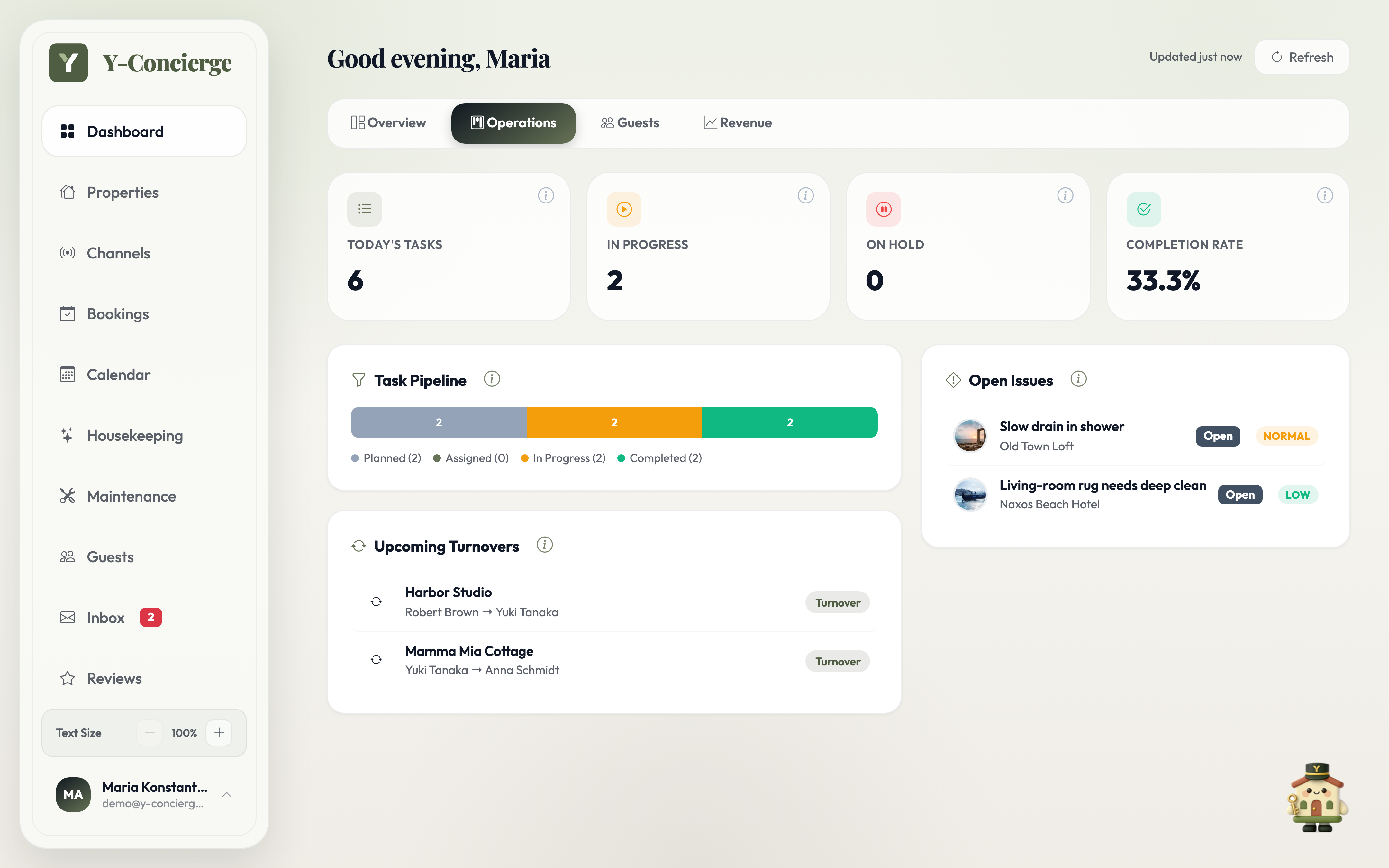 Y-Concierge operations overview with tasks, upcoming turnovers and maintenance