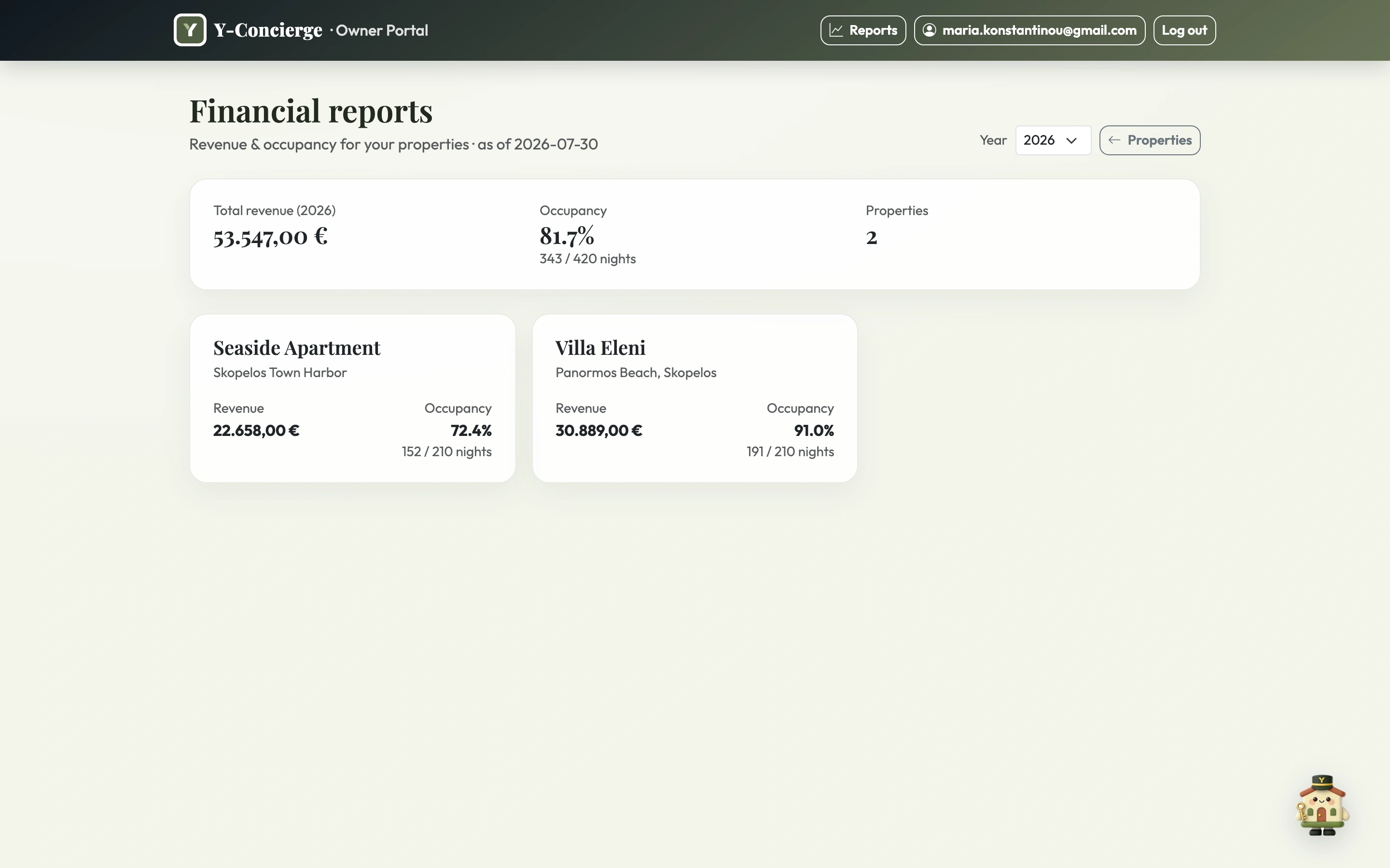 Y-Concierge owner portal showing an owner's properties, live calendar and an earnings statement