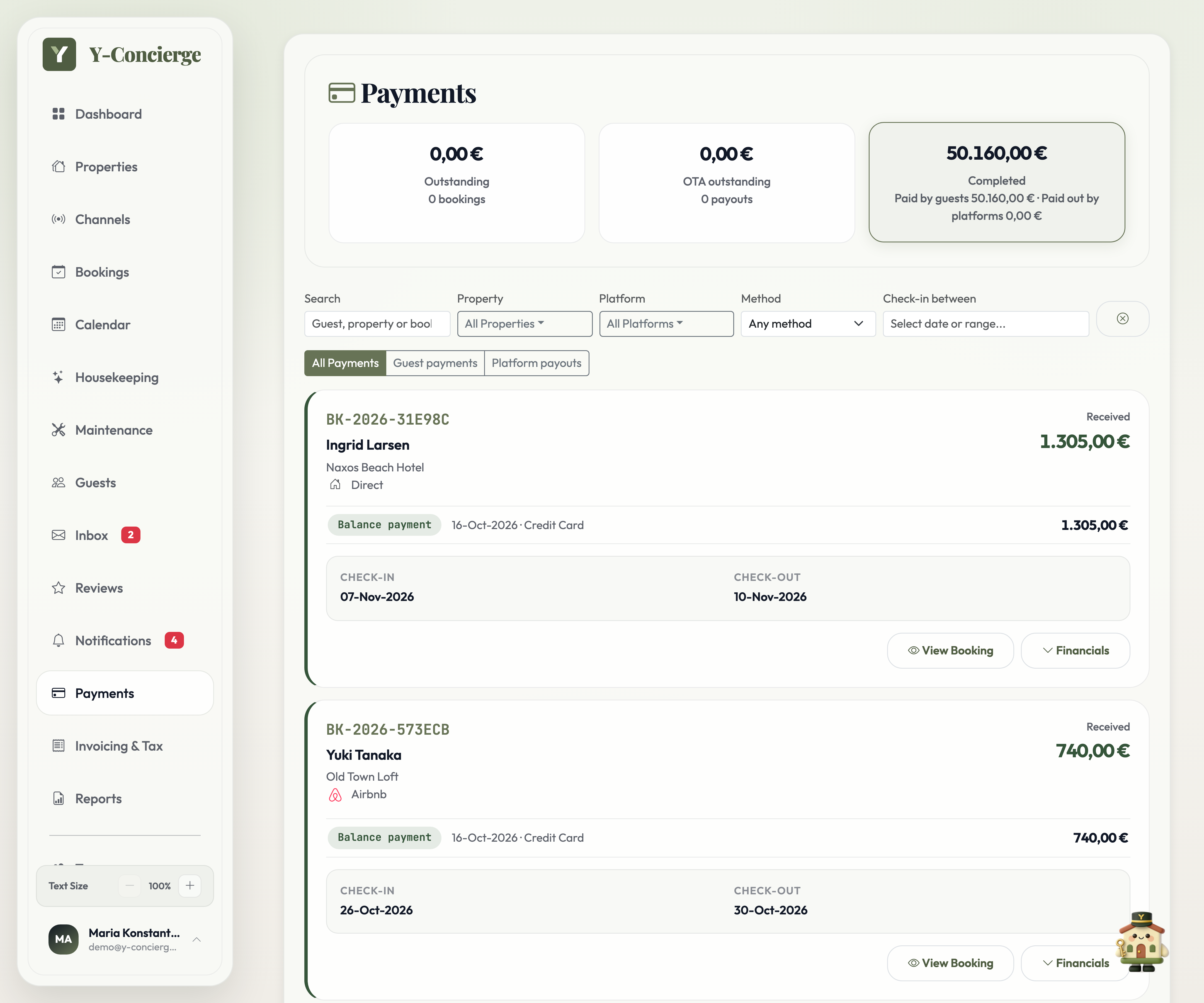 Y-Concierge payment summary and a reservation with an outstanding balance