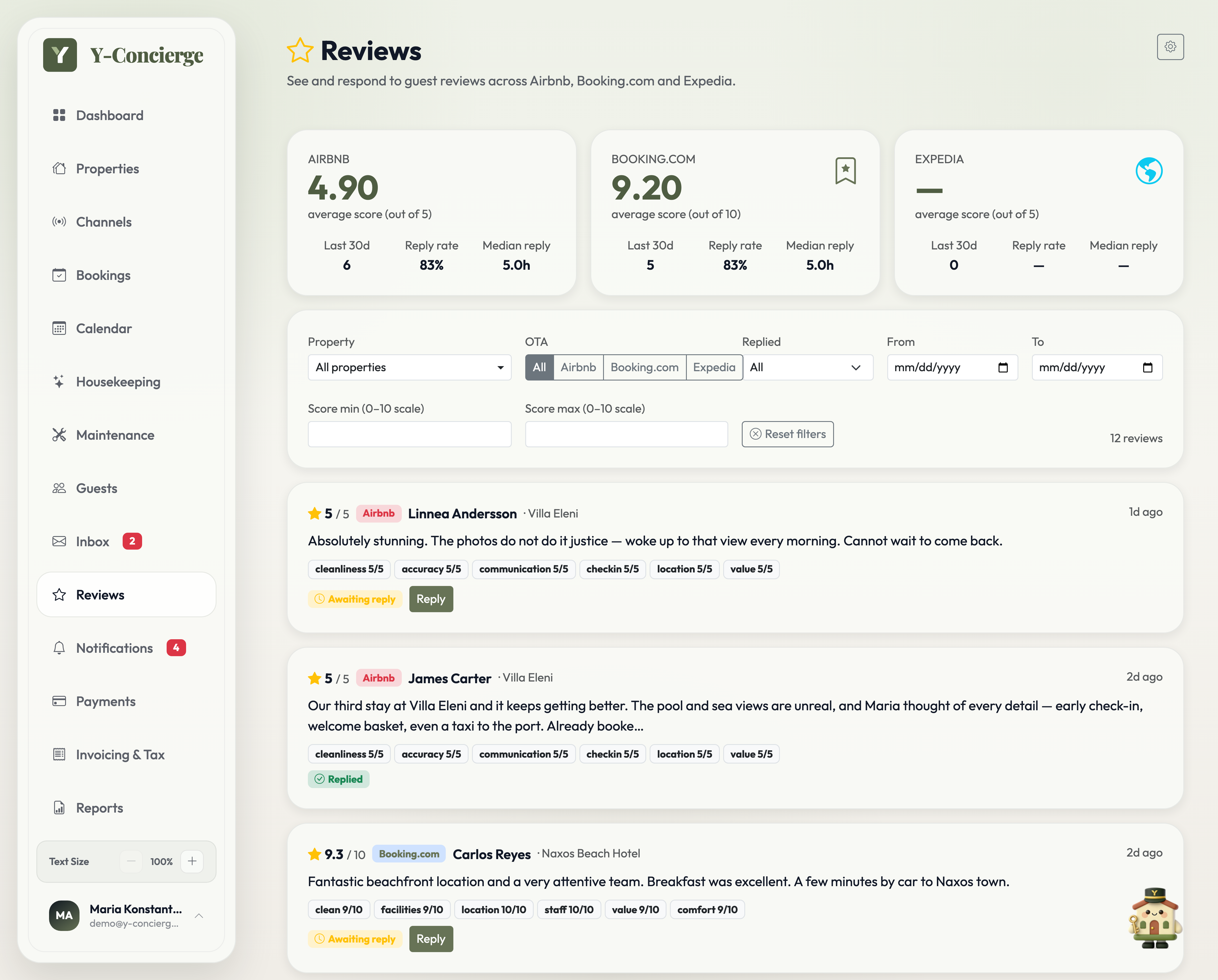 Y-Concierge review scores and cards with fictional demo reviews