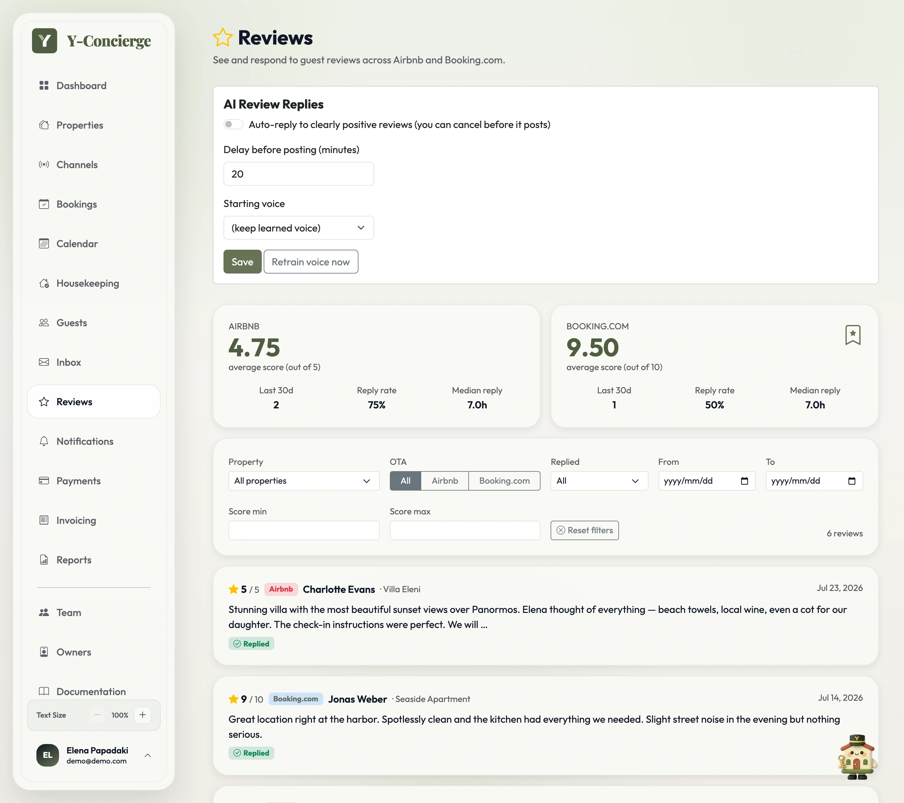 Y-Concierge reviews screen showing per-channel scores and guest reviews with replies
