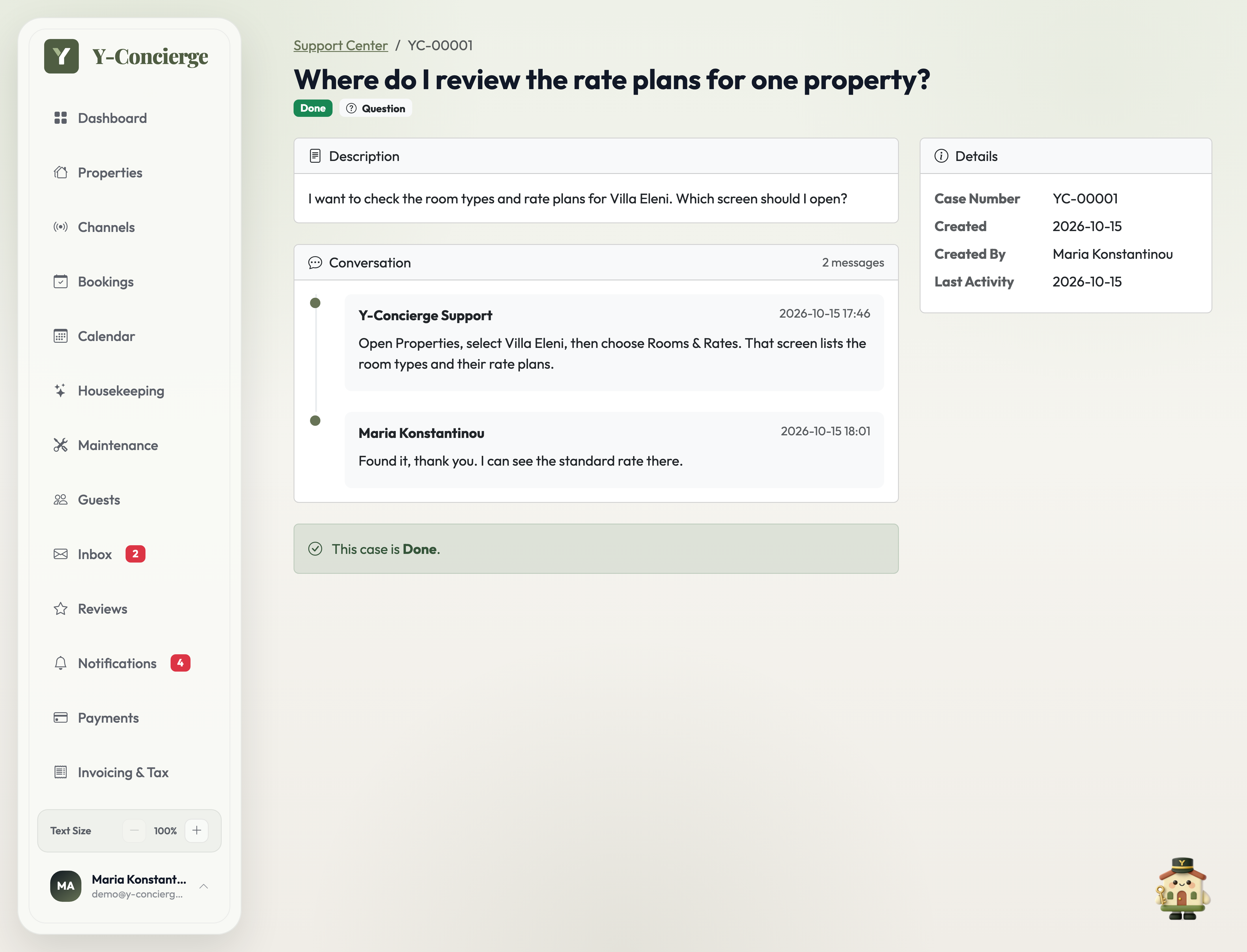 Y-Concierge support case with its conversation and status