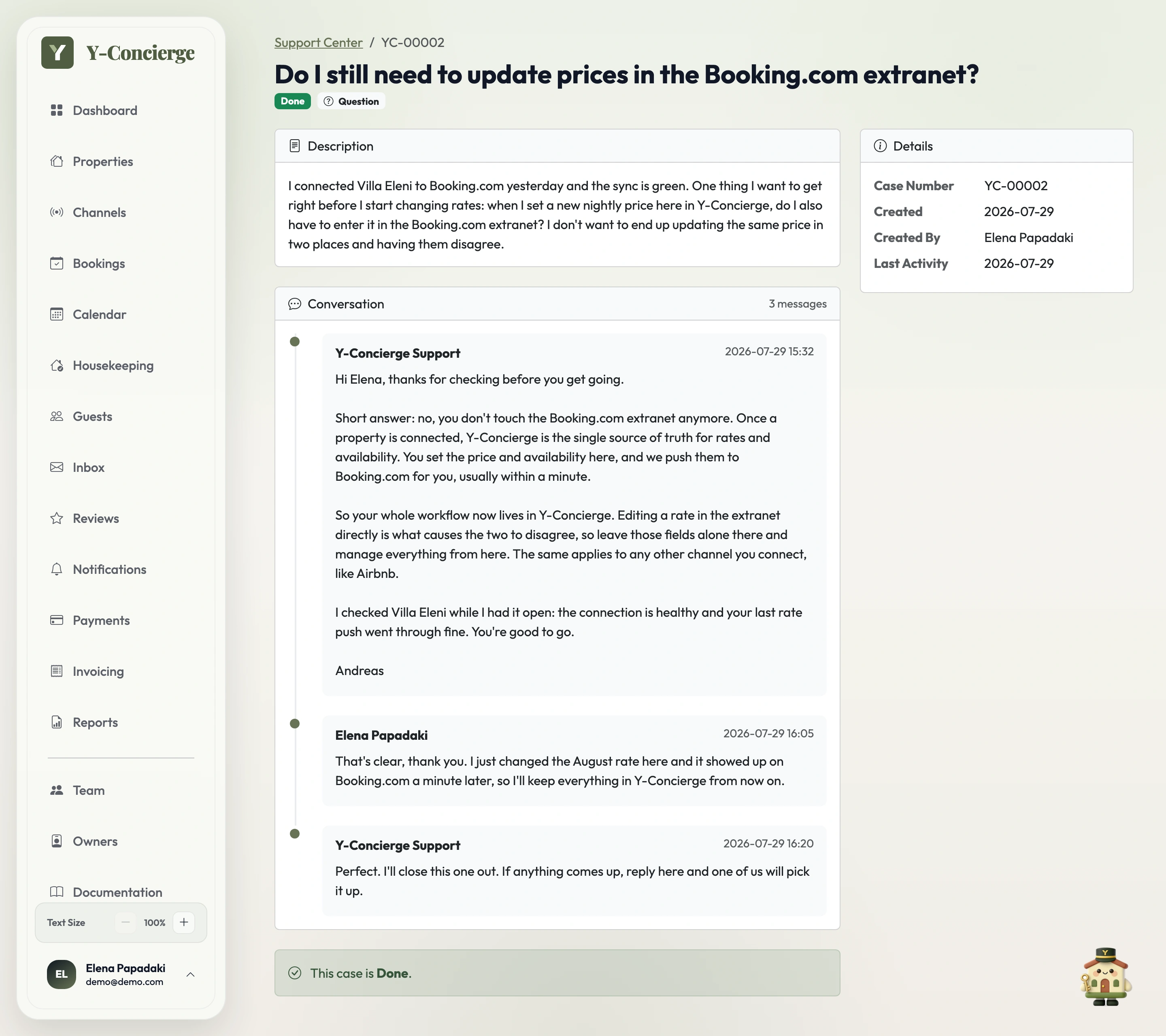 Y-Concierge support case showing a guest question answered by a real person within the hour