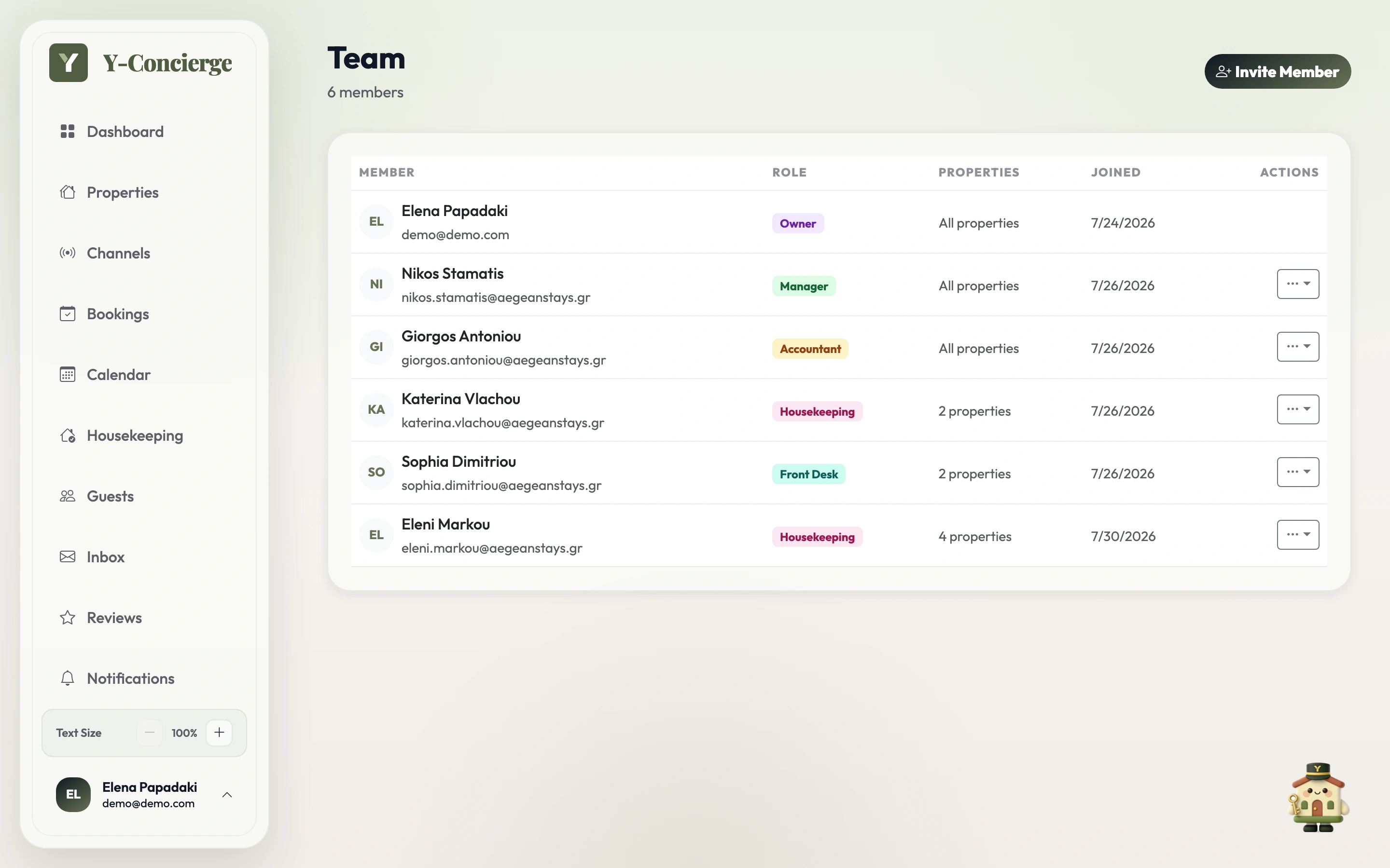 Y-Concierge team screen showing members with role-based, per-property access